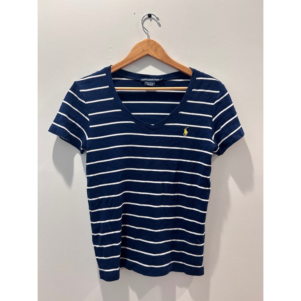 Ralph Lauren Sport T-Shirt Women XL Navy Blue White Striped V-Neck Pony Logo